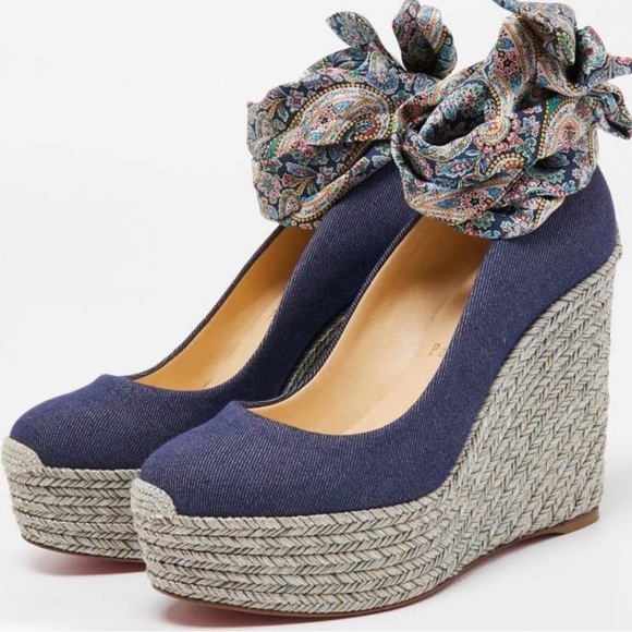 Christian Louboutin Demim Wedge Espadrille with Floral Accent Sz 8 Excellent - Picture 1 of 9
